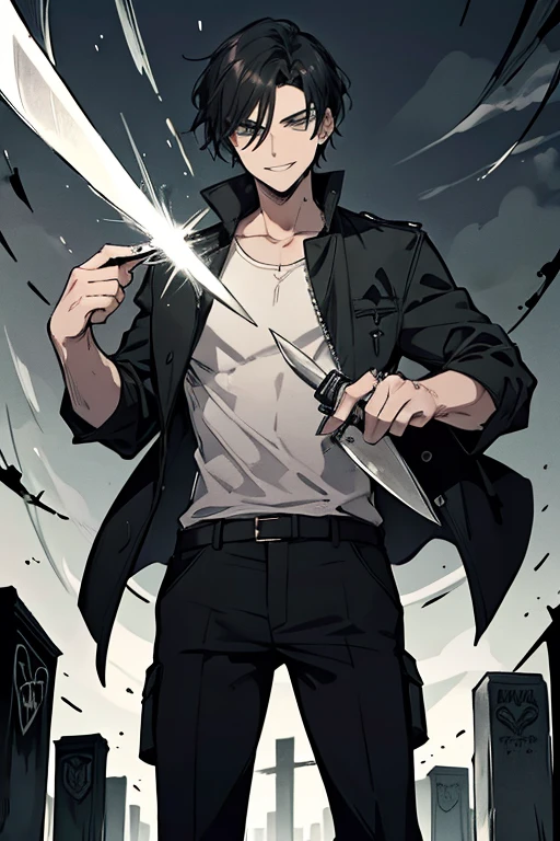 perfect face, perfect hands A gothic handsome black haired man with green eyes in a short sleeve shirt and cargo pants and a loose giant jacket is spinning a knife in the cemetery with a big grin at night.