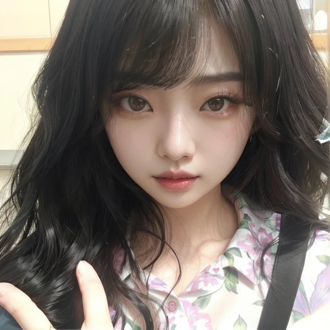 arafed asian woman with long black hair and a flowered shirt, chiho, Ayami Kojima Amano, Yoshitomo Nara, motto hole, ulzzang, Yui Kotegawa, black hair, pink lips, angelic appearance, jennie blackpink, Small eyes. 