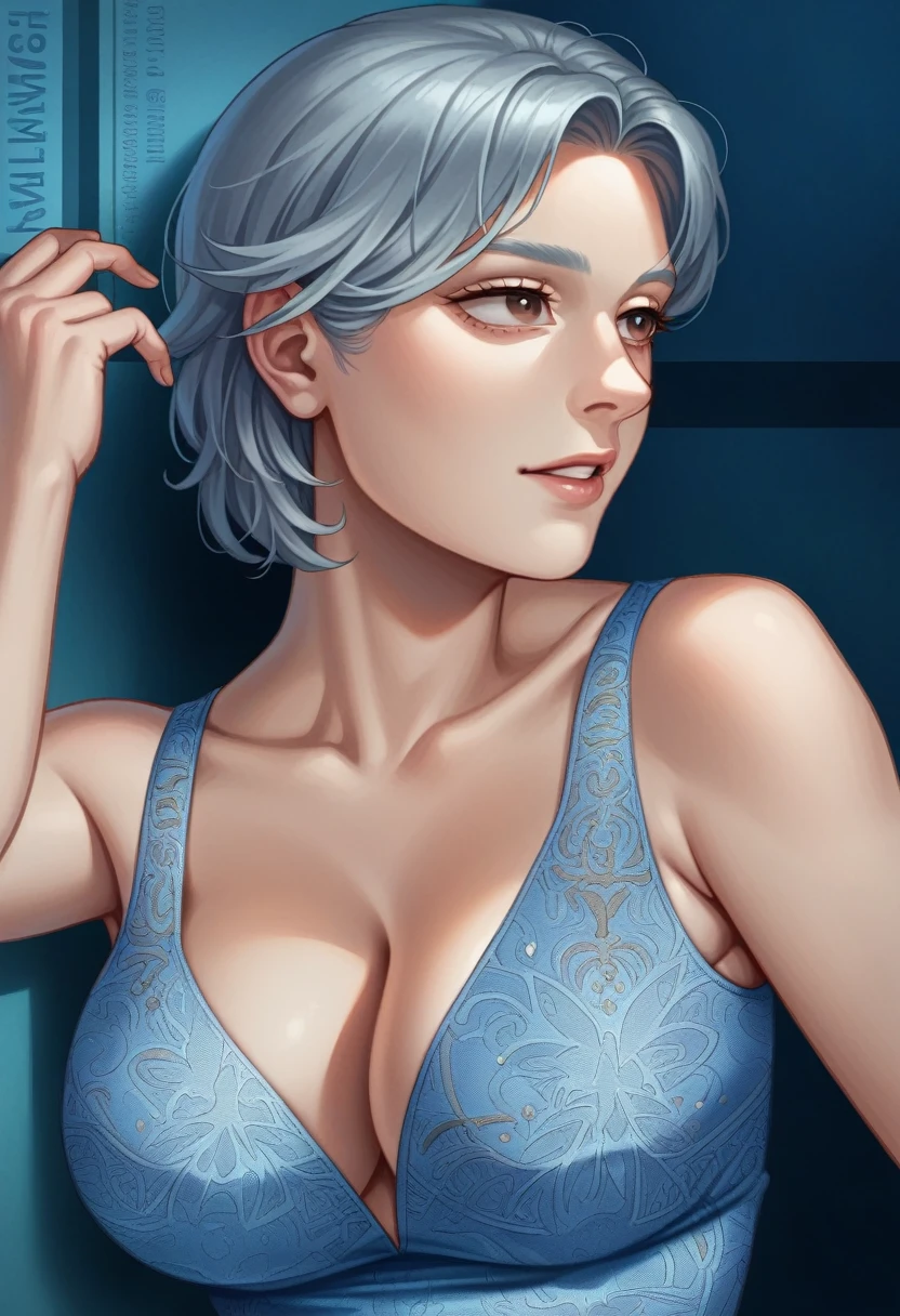 Portrait of a 50-year-old woman with gray hair, teasing gaze, long gray hair, brown eyes, (8k, high resolution, high definition, fixed on premium yachts, very high image quality, ultra-real, best quality, piece piece: 1.2) (chest big, big cleavage: 1.2) (breast is open, (young woman in europe) transparent blue tunic dress, pubis look clear shape, breast is partly visible, right eye position, cinematic light, soft light, hip, night time, soft moonlight, detailed color background, complicated, Very detail, 8K, Bondi beach background, background
