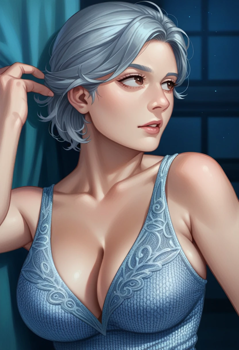 Portrait of a 50-year-old woman with gray hair, teasing gaze, long gray hair, brown eyes, (8k, high resolution, high definition, fixed on premium yachts, very high image quality, ultra-real, best quality, piece piece: 1.2) (chest big, big cleavage: 1.2) (breast is open, (young woman in europe) transparent blue tunic dress, pubis look clear shape, breast is partly visible, right eye position, cinematic light, soft light, hip, night time, soft moonlight, detailed color background, complicated, Very detail, 8K, Bondi beach background, background