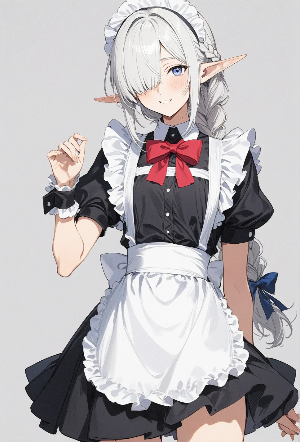 masterpiece, best quality, pointy ears, solo, blue eyes, elezen, crossdressing, elf, apron, hair over one eye, long hair, wrist cuffs, braid, white hair, maid, 1boy, looking at viewer, short sleeves, simple background, smile, waist apron, alternate costume, male focus, puffy sleeves, bow, arm behind back, grey background, puffy short sleeves, dress, single braid, ribbon, enmaided, black dress, 1girl, one eye covered, blush, shirt, hand up, maid apron, white shirt, male maid, bowtie, frills, cowboy shot
