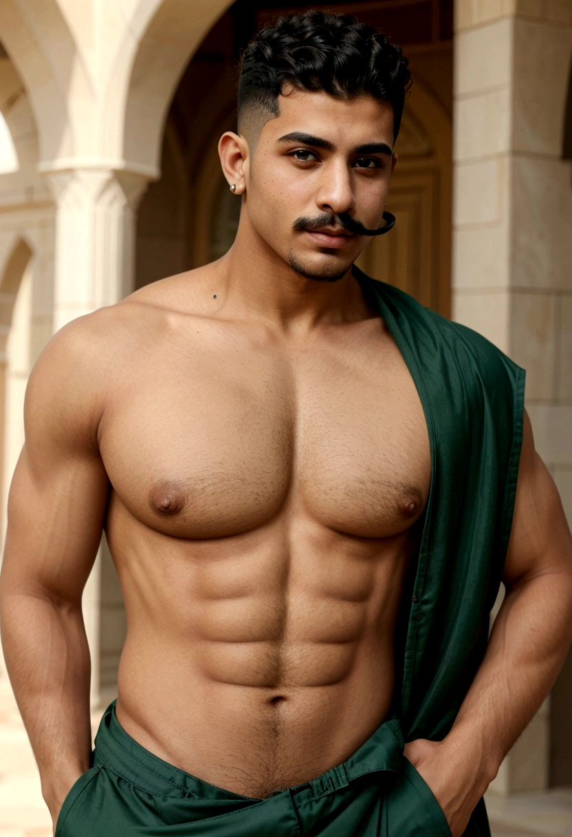 young arab man, curly hair cut on the sides of the ears muscular body with a goatee and a mustache Persian green eyes 