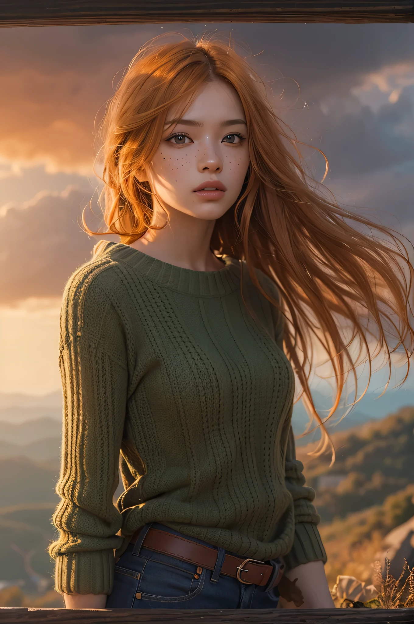 1girl, belviso, bob cut, braid, light freckles, lips, long hair, looking at viewer, messy hair, orange hair, green eyes, loose knitted shirt, off shoulder.
half body shot, realistic, solo, teeth.
standing on the edge of a cliff, amazing view,. Dramatic sky, blurry background, blurry foreground, shallow depth of field.
golden hour. 