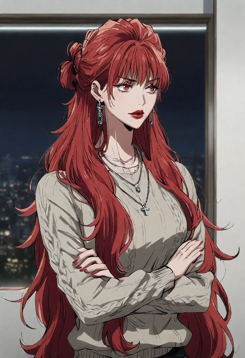 1girl, female gojo satoru, anime screencap from jujutsu kaisen, gojo satoru female version, solo, very long_hair, red eyes ((red_hair)), night view, breasts, upper_body, smile, indoors, book, bangs, red_eyes, lips, ((her hairstyle : The character in the image has long straight red hair)) wearing sweater, breast, "very detailed and high resolution" (red eyes) ((cross arms)) ((very long hair)) ((solo)) Earings, lipstick, necklace