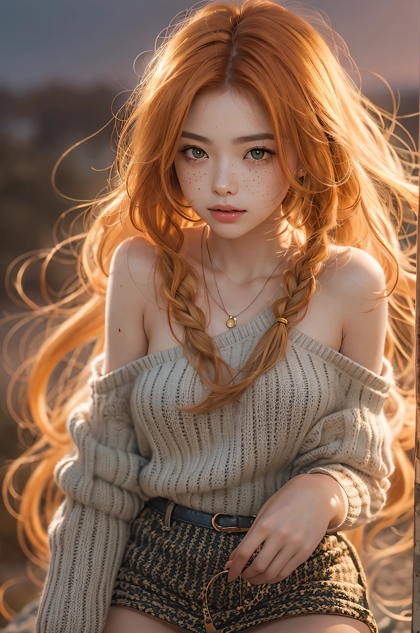 1girl, belviso, bob cut, braid, light freckles, lips, long hair, looking at viewer, messy hair, orange hair, green eyes, loose knitted shirt, off shoulder.
half body shot, realistic, solo, teeth.
standing on the edge of a cliff, amazing view,. Dramatic sky, blurry background, blurry foreground, shallow depth of field.
golden hour. 