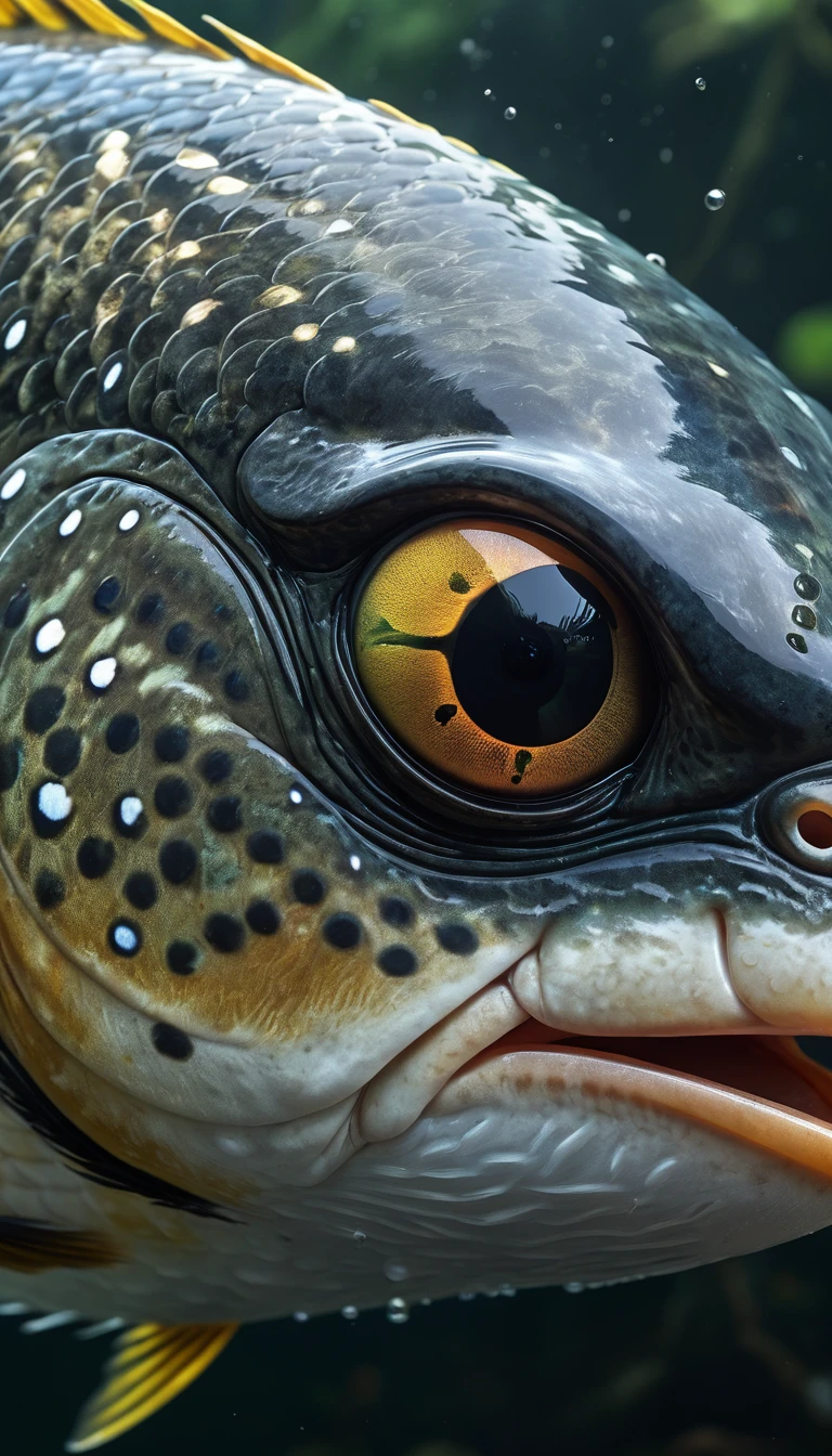 Panorama，河里有一种Mysterious Creatures：The body of a fish，Human face，Mysterious Creatures, shrike, (best quality，4K，8K，High level，masterpiece：1.2），Ultra Detailed，（lifelike，Photo real，Photo real：1.37），Highly detailed animals，Complex patterns，Realistic lighting，Fantasy Creatures