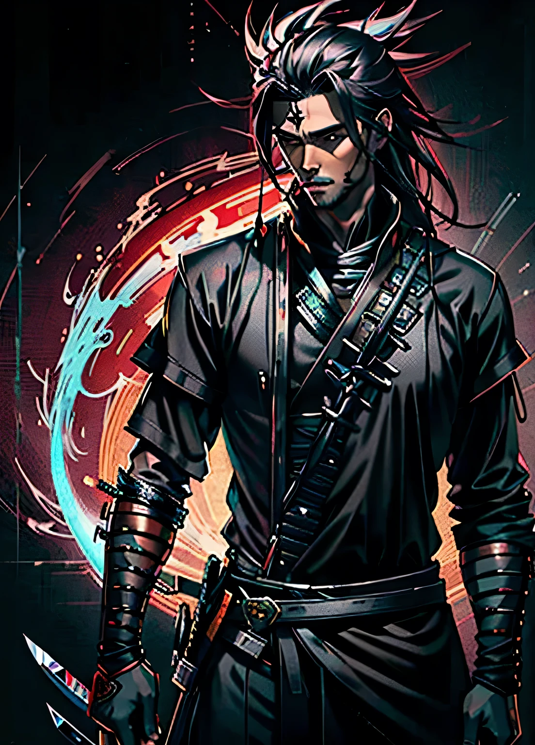 League of Legends Yasso characters, Handsome and delicate face, Armed with a sword, Yasuo uses his sword to blow the wind, Scene in rainy sky, Gray, Ultra-high resolution, 8k. Long flowing black hair, Handsome and stylish, Only a sharp sword,Right hand holding sword