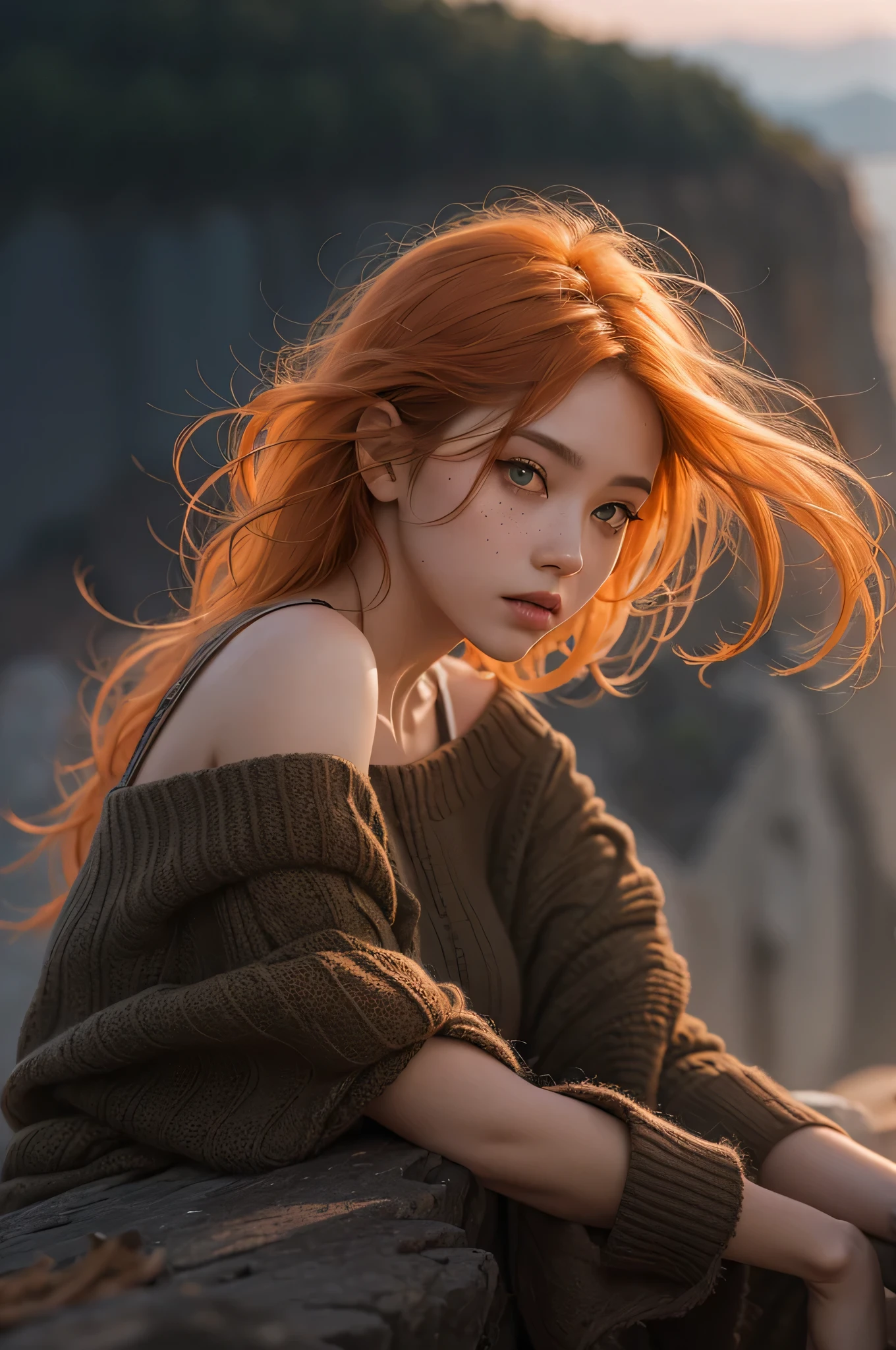 1girl, belviso, bob cut, braid, light freckles, lips, long hair, looking at viewer, messy hair, orange hair, green eyes, loose knitted shirt, off shoulder.
half body shot, realistic, solo, teeth.
standing on the edge of a cliff, amazing view,. Dramatic sky, blurry background, blurry foreground, shallow depth of field.
golden hour. 