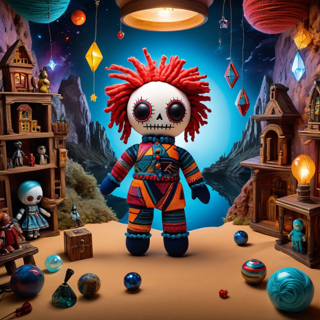 (knitted toy voodoo doll:1.5), (Voodoo Doll in a Parallel Reality:1.3), (Clothing: reality-shifting attire with dimensional patterns:1.0), (Accessories: enchanted mirror emitting otherworldly light, floating portals:1.1), (background: surreal landscape with shifting geometries, floating islands, and alternate versions of familiar objects:1.2), best quality, masterpiece, detailed soft oil painting, detailed background, dramatic cinematic lighting, soft edge lighting, professional, dramatic lighting, hard edge lighting,
ultra quality, 4k,masterpiece, best quality, 8k, ultra highres, highres, extremely detailed