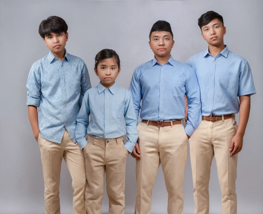 family photo consisting of four people. studio photo cream background