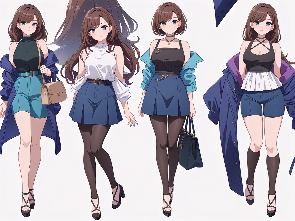 (((Best Quality))) , ((full body)), 4 lady, adult woman, multiple views, (((white background,))) variety of hairstyles, variety of fashion styles, seductive pose, fashionable and trendy atmosphere, holding bag, walk pose, dark blue/dark orange/dark green/dark violet/brown/white, short pants, bare shoulder, k-pop,
