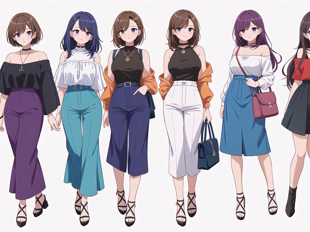 (((Best Quality))) , ((full body)), 4 lady, adult woman, multiple views, (((white background,))) variety of hairstyles, variety of fashion styles, seductive pose, fashionable and trendy atmosphere, holding bag, walk pose, dark blue/dark orange/dark green/dark violet/brown/white, short pants, bare shoulder, k-pop,