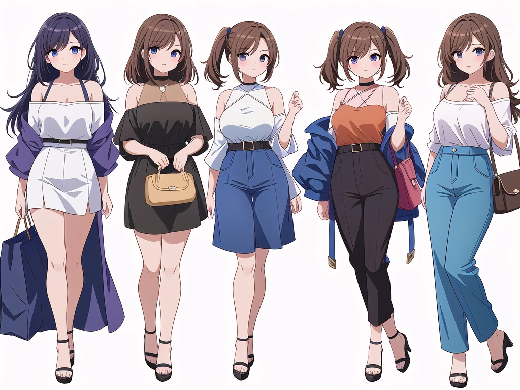 (((Best Quality))) , ((full body)), 4 lady, adult woman, multiple views, (((white background,))) variety of hairstyles, variety of fashion styles, seductive pose, fashionable and trendy atmosphere, holding bag, walk pose, dark blue/dark orange/dark green/dark violet/brown/white, short pants, bare shoulder, k-pop,