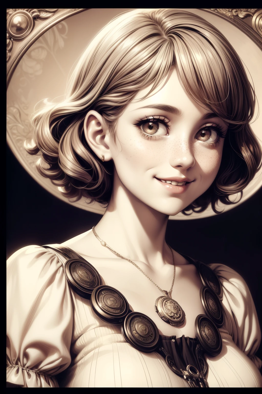(masterpiece), best quality, expressive eyes, perfect face, Artwork, best quality, ultra-detailed, 1girl, short hair, 1930s vintage poster, monochrome dress, vintage color palette, curly hair, hand drawing art, dress with ruffles, smiling smile, freckles on face, cute smile, ((old photo effect)), large breasts, ((sepia effect)), breasts larger than head, ((portrait in a medallion)), ((locket)), ((pic in locket)), pov hands, ((portrait in round medallion)), photo of a woman in a locket, drawning concept design