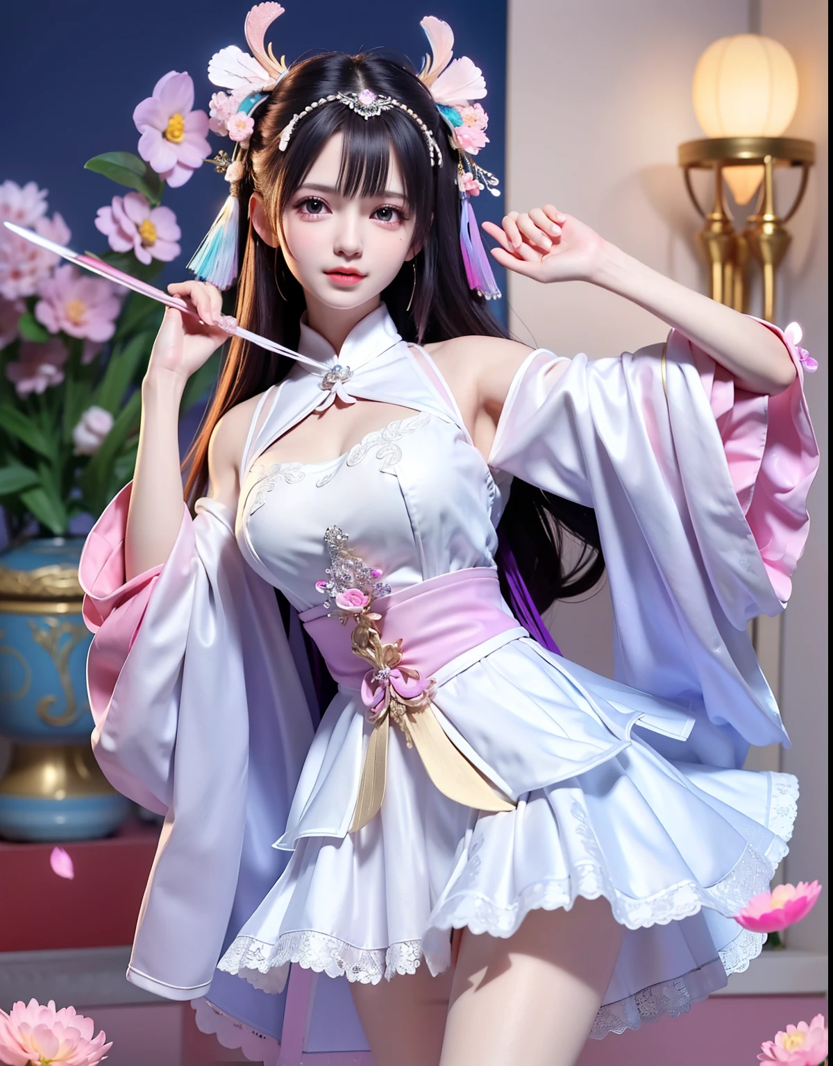 (8k, RAW photo:1.2), best quality, ultra high res,dramatic angle,(fluttered detailed color splashs), (illustration),(((1 girl))),(long hair),(rain:0.9), (Headdress:1.4),There is an ancient palace beside the girl,Hanfu,(Key Points),Color ink painting,(Splash of Color),Splash of Color,(((colorful))),(sketch:0.8) , Masterpiece, best quality, beautiful painted, highly detailed,(denoising:0.6),[splash ink],((ink refraction)), (beautiful detailed sky),moon,highly,detaild,(masterpiece, best quality, extremely detailed） CG Unity 8k Wallpaper，masterpiece，best quality，Ultra Detailed），（Lycoris）.shoulder ballet dress open V-chested clothes Thin silk lace dress short skirt , (huge ，cleavage),, white pink, blue ，best qualtiy，tmasterpiece，Ultra-high resolution，（Reality：1.4），RAW photogr，（True skin texture：1.3），（filmgrain：1.3），（Selfie angle），1个Giant Breast Girl，Beautiful eye and face details，tmasterpiece，Best quality at best，，The chest more exposed， detailed hair, bra pink purple , detail 8k, full body, lace petticoat, fan handle