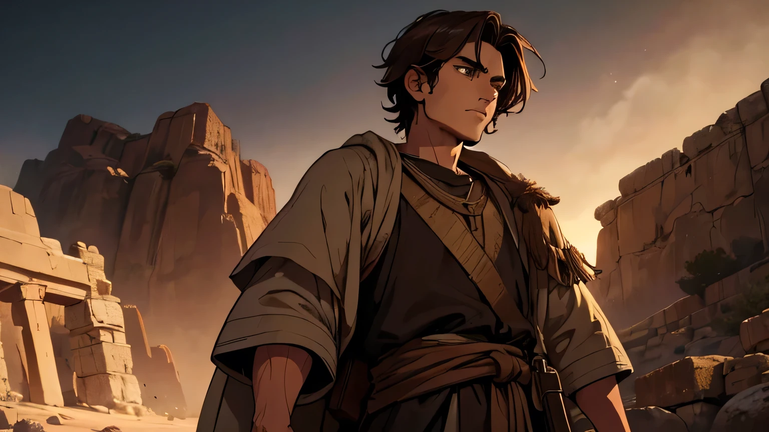 Prophet Joel, young man with short dark brown hair and ancient poor clothes from the 1st century BC, dark brown, light brown eyes, 25 years old, with a serious epic look in the darkness in the middle of the desert