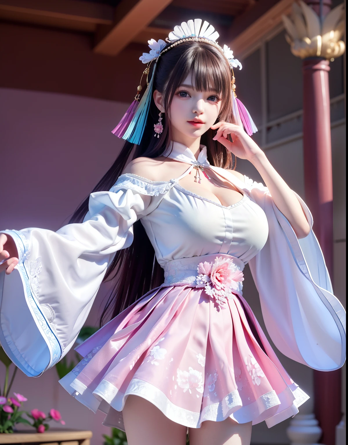 (8k, RAW photo:1.2), best quality, ultra high res,dramatic angle,(fluttered detailed color splashs), (illustration),(((1 girl))),(long hair),(rain:0.9), (Headdress:1.4),There is an ancient palace beside the girl,Hanfu,(Key Points),Color ink painting,(Splash of Color),Splash of Color,(((colorful))),(sketch:0.8) , Masterpiece, best quality, beautiful painted, highly detailed,(denoising:0.6),[splash ink],((ink refraction)), (beautiful detailed sky),moon,highly,detaild,(masterpiece, best quality, extremely detailed） CG Unity 8k Wallpaper，masterpiece，best quality，Ultra Detailed），（Lycoris）.shoulder ballet dress open V-chested clothes Thin silk lace dress short skirt , (huge ，cleavage),, white pink, blue ，best qualtiy，tmasterpiece，Ultra-high resolution，（Reality：1.4），RAW photogr，（True skin texture：1.3），（filmgrain：1.3），（Selfie angle），1个Giant Breast Girl，Beautiful eye and face details，tmasterpiece，Best quality at best，，The chest more exposed， detailed hair, bra pink purple , detail 8k, full body, lace petticoat, fan handle