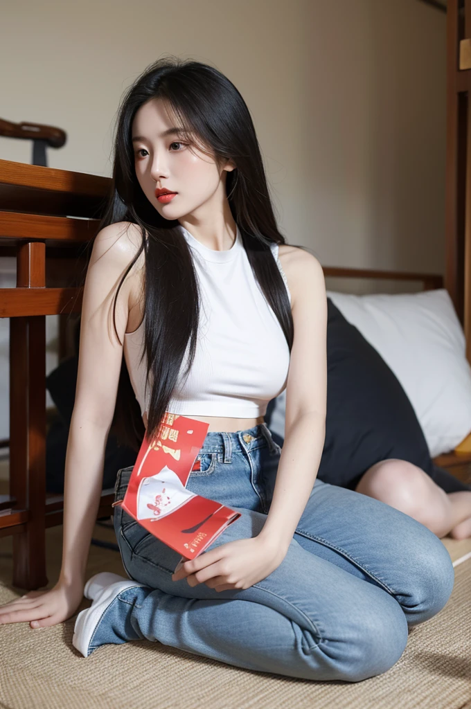 

Chinese，Long-haired woman，Lying on the ground with legs stretched straight and skin white，Red lips，Oval face，Light blue jeans，Kneeling at the table，Take off your jeans，Being stripped of clothes, pants and lace，Pout your ass high