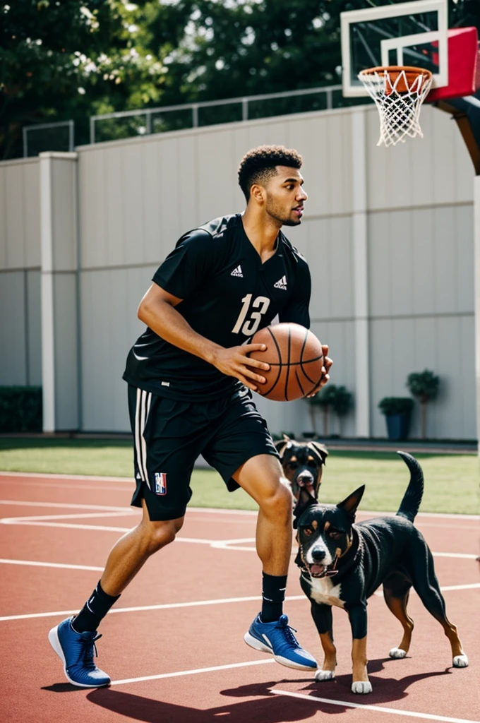 dog playing basketball