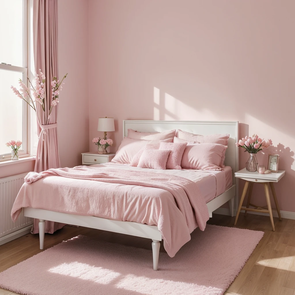 Capture the essence of soft pink aesthetics with a mood board featuring four harmonious images.A dusty cozy aesthetic room exuding warmth and comfort.A fresh bouquet of delicate pink tulips wrapped in clear cellophane, held outdoors on a sunny day, evoking a sense of spring and a  cozy bedroom scene with a plush pink cat pillow on a neatly made bed, complemented by a pot of pink flowers on a bedside table, creating an inviting and serene atmosphere.Describe the mood, colors, and textures that tie these images together, emphasizing the soft, pastel pink theme that brings a sense of calm and sweetness to each scene."