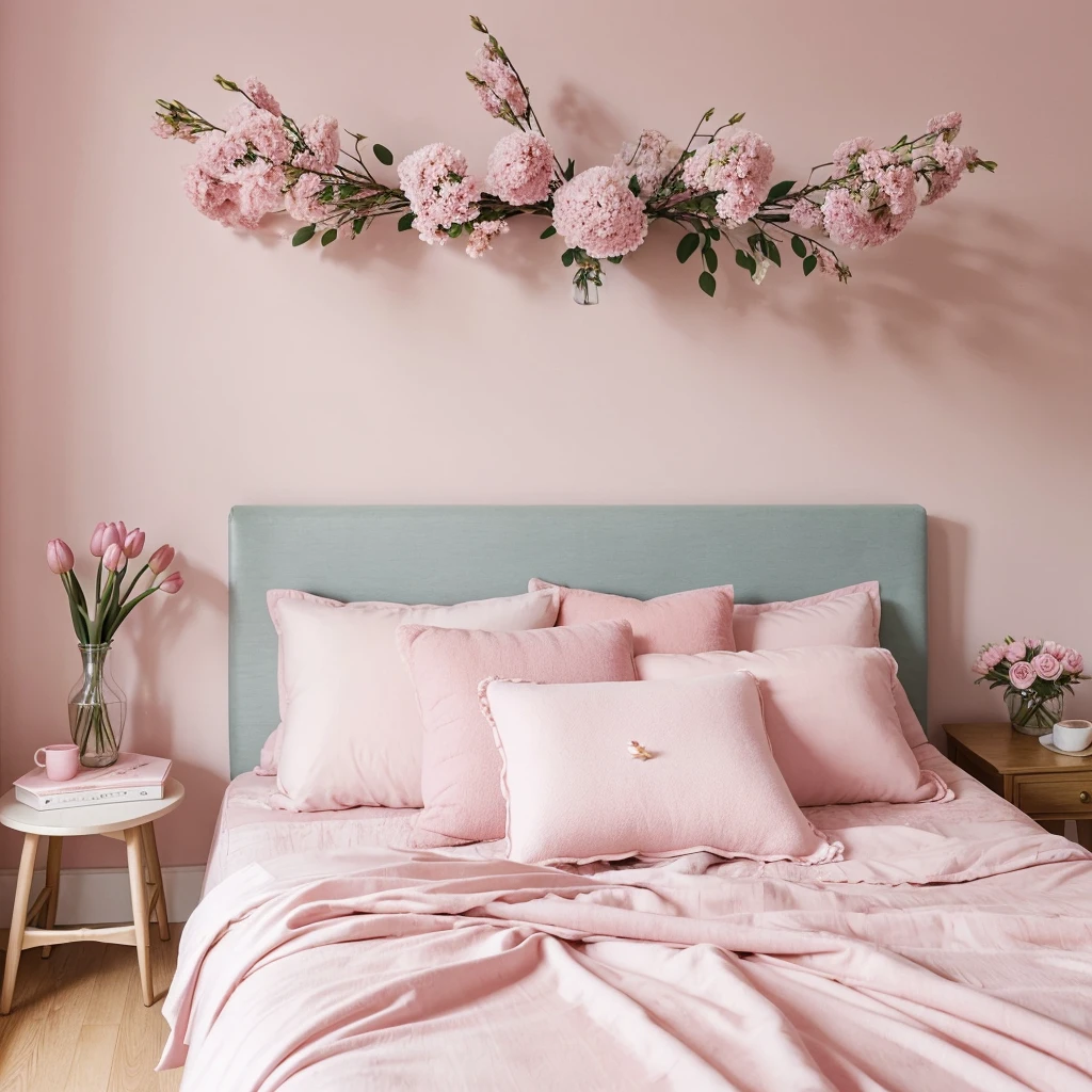Capture the essence of soft pink aesthetics with a mood board featuring four harmonious images.A dusty cozy aesthetic room exuding warmth and comfort.A fresh bouquet of delicate pink tulips wrapped in clear cellophane, held outdoors on a sunny day, evoking a sense of spring and a  cozy bedroom scene with a plush pink cat pillow on a neatly made bed, complemented by a pot of pink flowers on a bedside table, creating an inviting and serene atmosphere.Describe the mood, colors, and textures that tie these images together, emphasizing the soft, pastel pink theme that brings a sense of calm and sweetness to each scene."