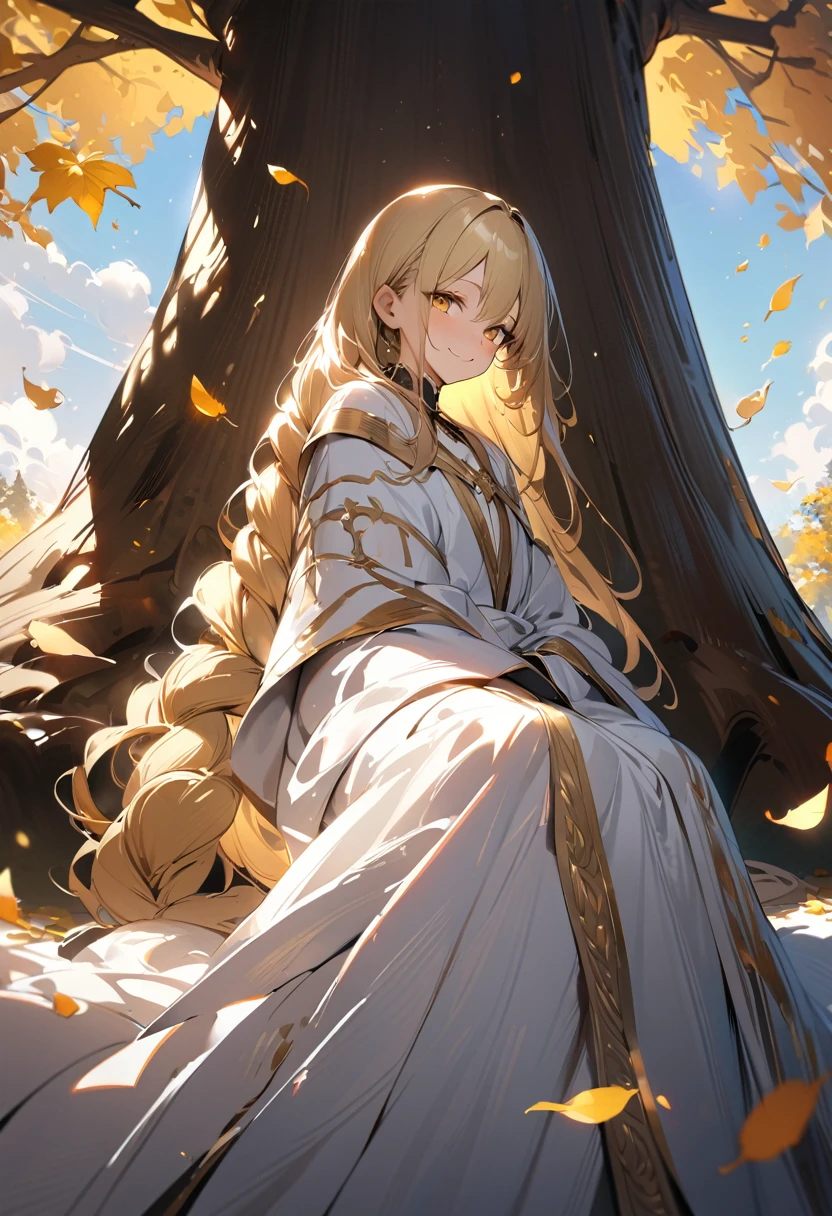 1boy, long overflowing blonde hair loosely braided, golden eyes, subtle holy glow, looking at viewer, smiling, white robes, flat chest, girly boy, gigantic tree with golden leaves background, textured skin, award winning, high details, incredible high-key lighting and shadows, masterpiece, UHD, UHD, UHD, UHD