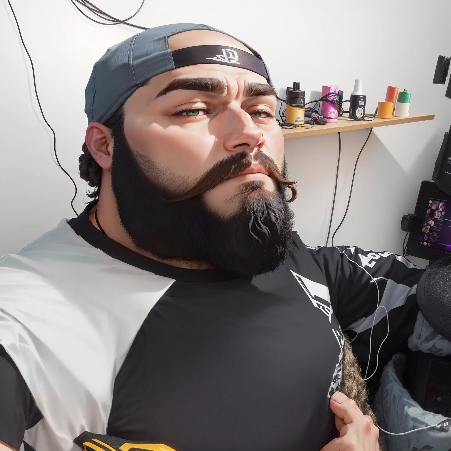 there is a man with a beard and a baseball cap sitting in front of a computer, Serpentina do Twitch / gamer ludwig, neck beard, full beard, Serpentina do Twitch, 8k selfie photograph, profile photo 1024px, low quality photo, thick, with a full black beard, reddit post, Thick beard