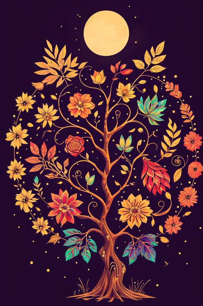 circular tree,four seasons,spring,summer,autumn,winter,leaves,roots,branches,trunk,ornate border,decorative,digital illustration,artwork,movement,time,swirling background,dark background,vibrant colors,natural,life cycle,growth,change,nature,life,peace,harmony,spirituality,symbolism,digital art,illustration,painting,graphic design,art,design,digital media,online art,visual art,fine art,fantasy