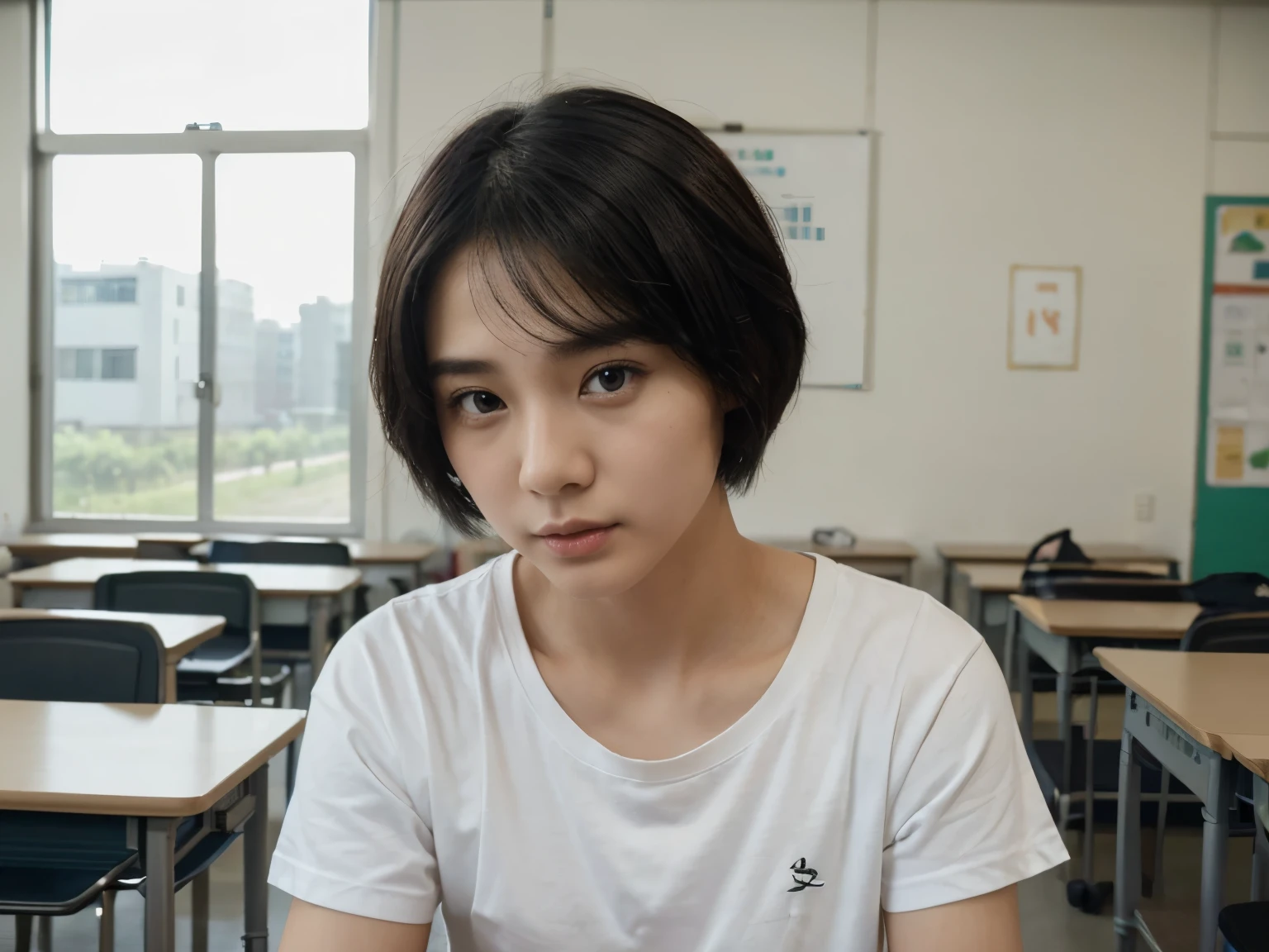 A man is sitting in the classroom, boy, male classmate, in the campus classroom, this male classmate is wearing a white T-shirt, short black hair, holding a pen in his hand, there are test papers, there are books, the lens is mainly featured on the upper body, in the Loepfe art style ((Xinhai City), popular in CGStation, Xinhaicheng H 2160, inspired by Bian Shoumin, Xinhaicheng, Kavasi, Guvitz style, high-quality pictures, 4K, 8K, resolution,