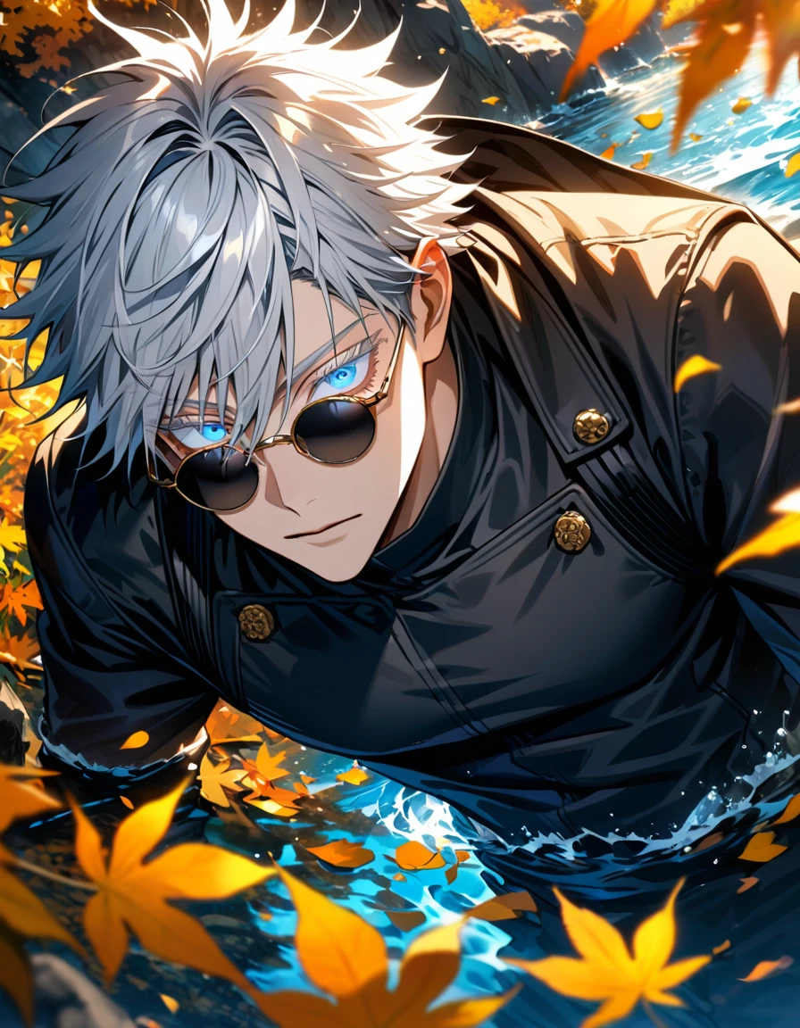 Ultra detailed, highres, absurdres, HDR, Gojo Satoru, white hair short with bangs, hair between the eyes, expressive blue eyes, white eyelashes, black round sunglasses, Jujutsu Kaisen, water, autumn, petals, orange and yellow leaves, sexy man, solo, extremely handsome, very detailed face and eyes, black shirt, black long coat, toned chest,