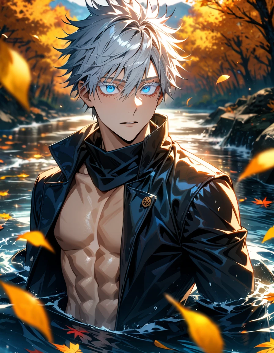 Ultra detailed, highres, absurdres, HDR, Gojo Satoru, white hair short with bangs, hair between the eyes, expressive blue eyes, white eyelashes, black round sunglasses, Jujutsu Kaisen, water, autumn, petals, orange and yellow leaves, sexy man, solo, extremely handsome, very detailed face and eyes, black shirt, black long coat, toned chest,