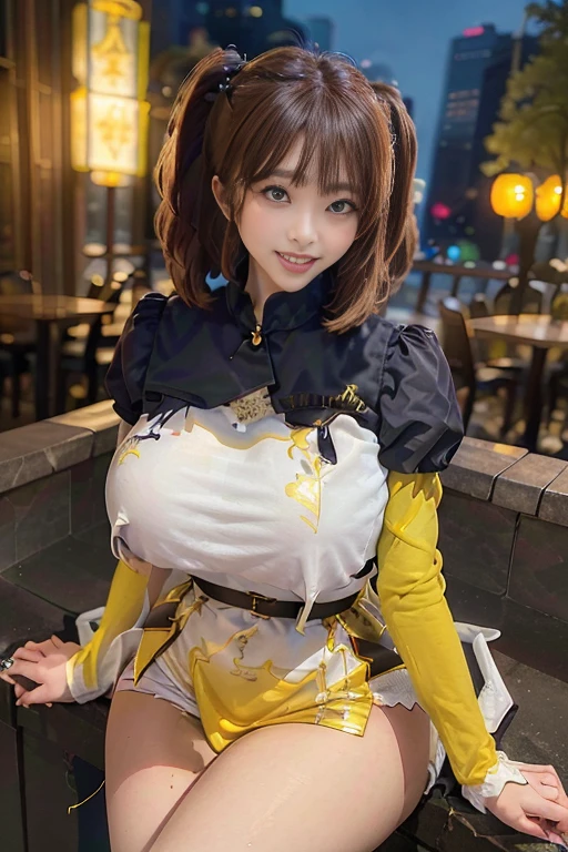 masterpiece,beautiful,Very detailed,In detail,Exquisite,(Ultra-high resolution),(8k UHD highest quality), (Realistic, photograph-Realistic:1.37), depth_of,Blurred_background, photograph_Inset,Draminic lighting,reference_Inset,photograph_background,photographRealistic,Looking_in_audience,1人of女of子,huge ,Detailed skin,光沢ofある肌,Twin tails,smile,オレンジ色ofラテックスボンテージ,Provocative pose,胸を揉んinいて,Buzzing cityscape in night with illuminined skyscrapers,彼らinす