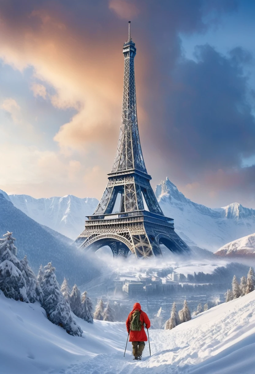 “the Eiffel Tower” has collapsed in the snow in the icy mountains, there is one survivor wearing mountain clothes walking towards the mountain,