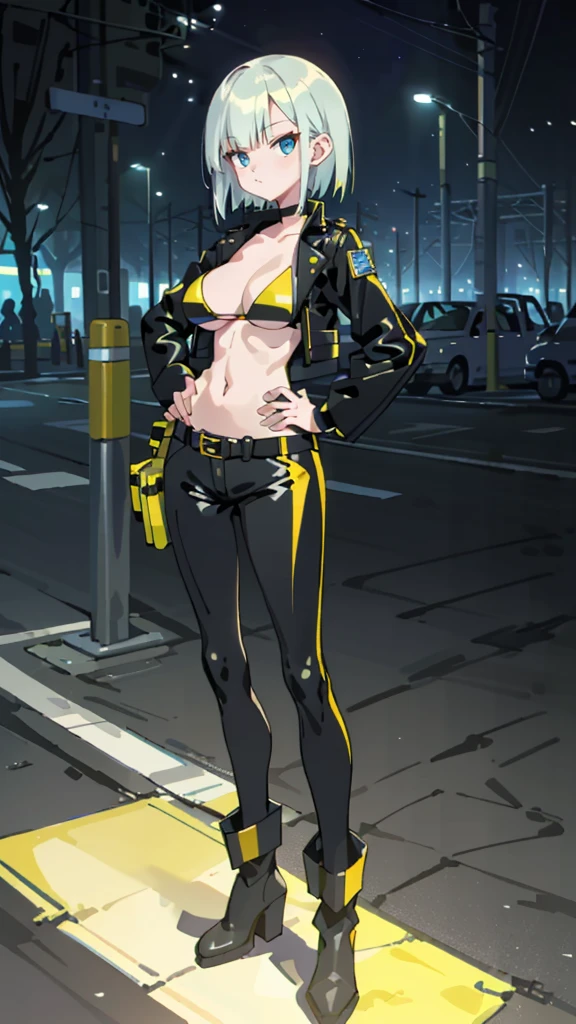 Masterpiece, best quality, Masterpiece, best quality, 1 woman , blue eyes , yellow bob hair , black leather jacket , sly face , bikini , abdomen, big breasts , Long legs , boots , hands on hips , parking lot , at night 