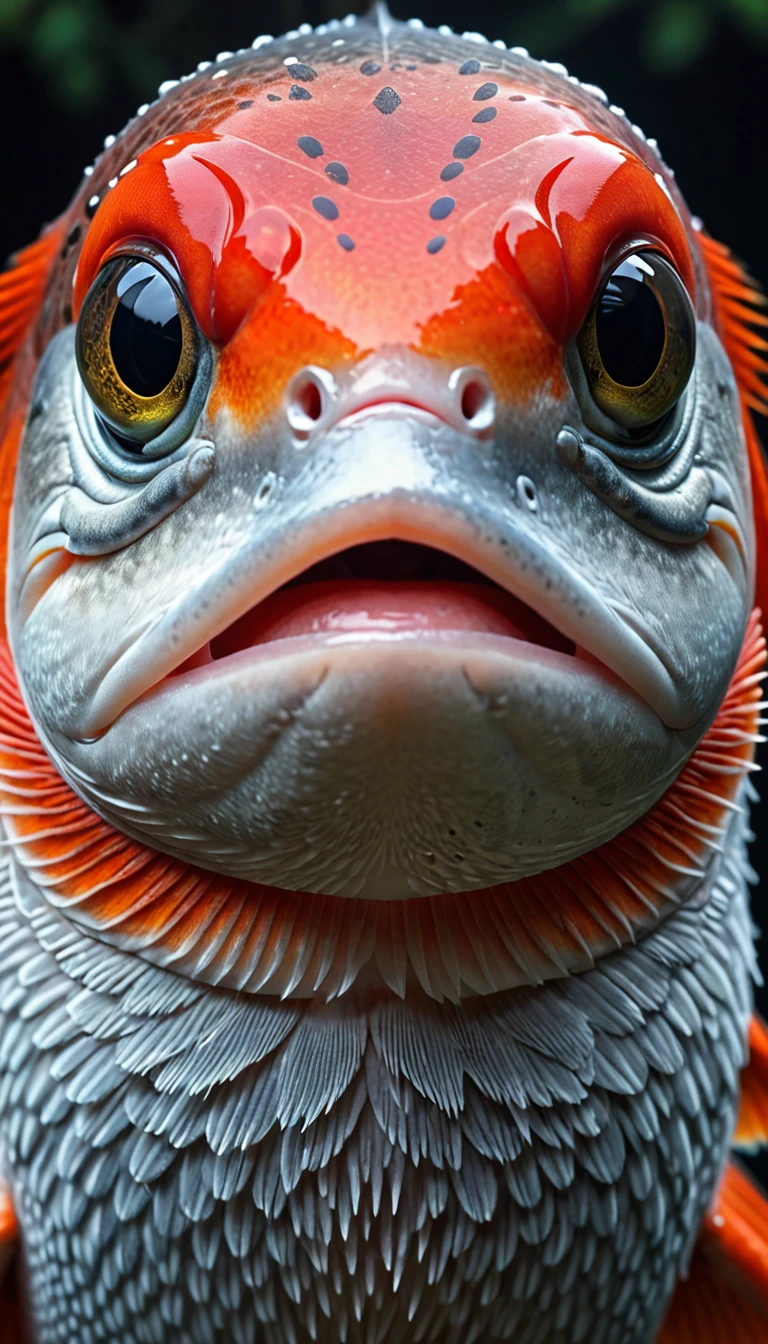 Panorama,河里有一种Mysterious Creatures:Red fish body,Fish head looks like a human face,Mysterious Creatures, shrike, (best quality,4K,8K,High level,masterpiece:1.2),Ultra Detailed,(lifelike,Photo real,Photo real:1.37),Highly detailed animals,Complex patterns,Realistic lighting,Fantasy Creatures