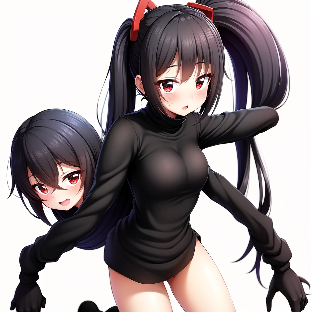 Ninja woman and mask and black hood and black shirt and black pants and black shoes and black hair and red eyes and cute and all black clothes and gloves and at school alone and she had her arms behind her back and she was at school and she was very cute Elfa
