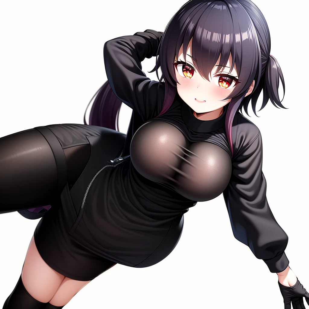 Ninja woman and mask and black hood and black shirt and black pants and black shoes and black hair and red eyes and cute and all black clothes and gloves and at school alone and she had her arms behind her back and she was at school and she was very cute Elfa