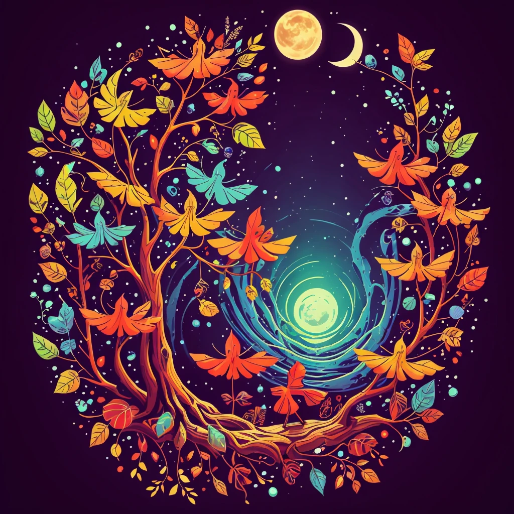 circular tree,four seasons,spring,summer,autumn,winter,leaves,roots,branches,trunk,ornate border,decorative,digital illustration,artwork,movement,time,swirling background,dark background,vibrant colors,natural,life cycle,growth,change,nature,life,peace,harmony,spirituality,symbolism,digital art,illustration,painting,graphic design,art,design,digital media,online art,visual art,fine art,fantasy