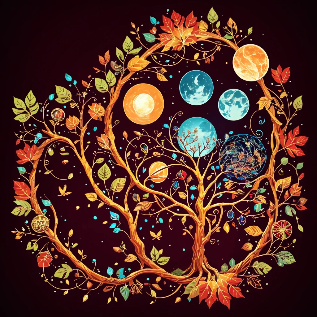 circular tree,four seasons,spring,summer,autumn,winter,leaves,roots,branches,trunk,ornate border,decorative,digital illustration,artwork,movement,time,swirling background,dark background,vibrant colors,natural,life cycle,growth,change,nature,life,peace,harmony,spirituality,symbolism,digital art,illustration,painting,graphic design,art,design,digital media,online art,visual art,fine art,fantasy