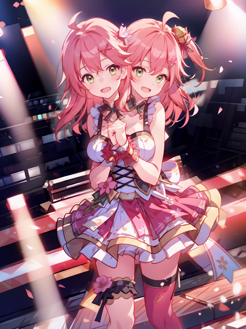 (masterpiece, best quality), best resolution, 16k, close-up, BREAK (2heads:1.5), ((cheek to cheek)), 1girl, solo, BREAK miko4, hololive idol uniform, sakura miko, idol clothes, green eyes, ahoge, pink hair, x hair ornament, hairclip, single thighhigh, white gloves, long hair, floral print, bell, hair bell, cleavage, pink thighhighs, one side up, BREAK (standing, stand straight), look at viewer, (both hands above chest, perfect hands), ((cheek-to-cheek)), singing, open mouth, exciting, concert stage, starfield, spotlight, BREAK concert stage, spotlight