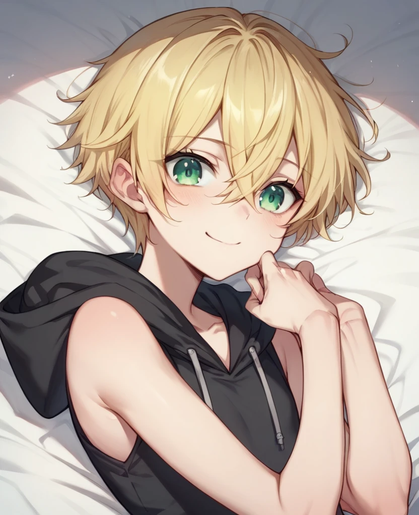 (One girl)、((short hair))、((Blonde))、(Sato Air)、((boyish))、Crossdresser、cute、((flat chest))、green eyes、Wizard、Black hoodie、Black sleeveless、((hairs between eyes))、light smile