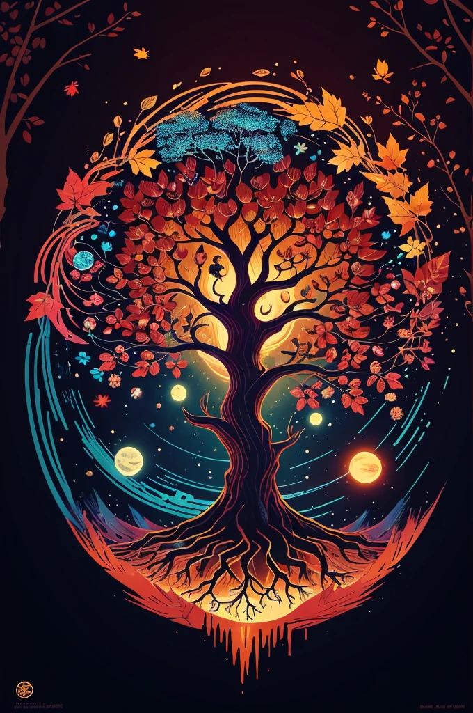 circular tree,four seasons,spring,summer,autumn,winter,leaves,roots,branches,trunk,ornate border,decorative,digital illustration,artwork,movement,time,swirling background,dark background,vibrant colors,natural,life cycle,growth,change,nature,life,peace,harmony,spirituality,symbolism,digital art,illustration,painting,graphic design,art,design,digital media,online art,visual art,fine art,fantasy