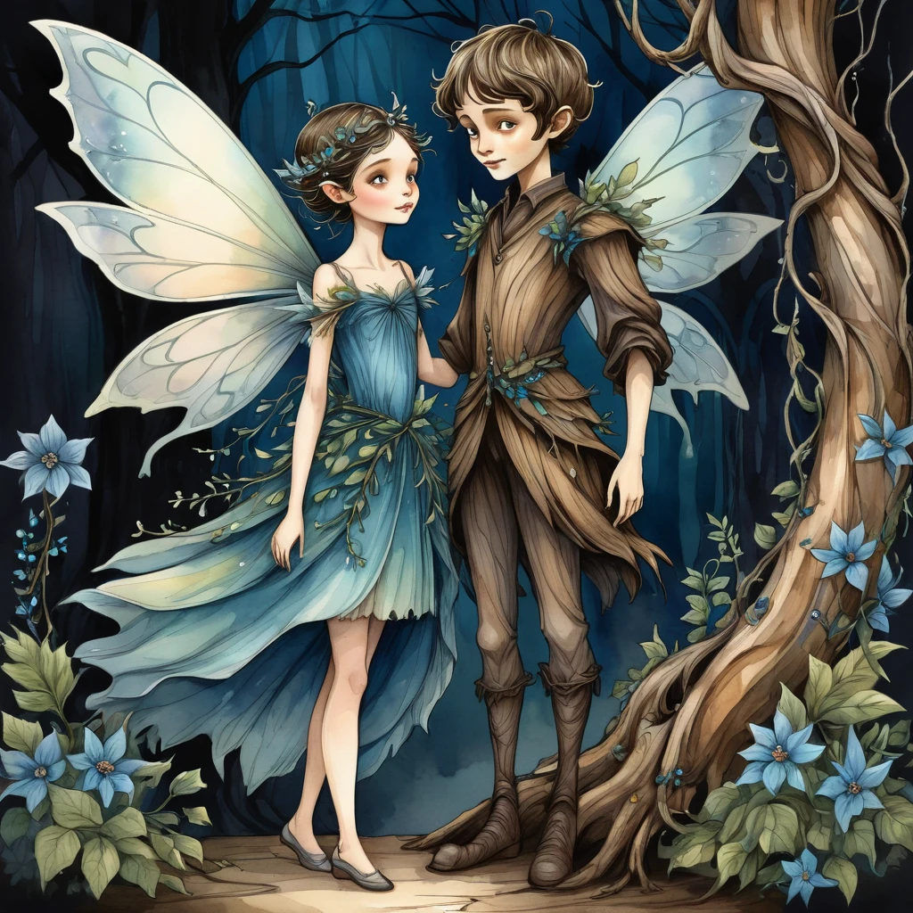 close up eerie victorian illustration, a boy character figure made of wood and tree trunks, next to adult fairy. Facial features, arms and legs made of crooked branches and vines, the has a rustic and natural appearance, with twisted bark details and knots. Next to the character a centenial fairy with blue draped dress. front view, on a dark background of lush flowers, baroque illustration, watercolor, soft colors, the adult fairy wings are big, eerie, goth
