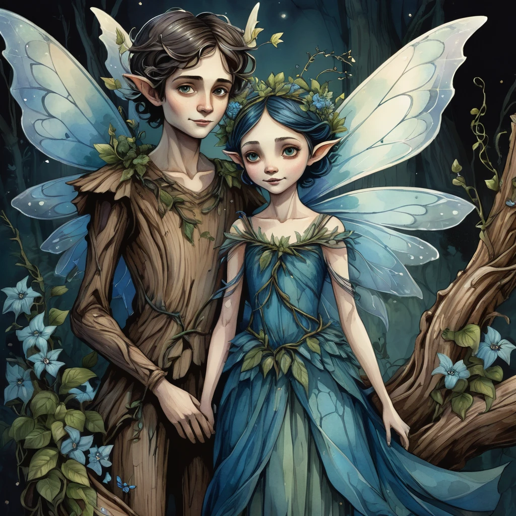 close up eerie victorian illustration, a boy character figure made of wood and tree trunks, next to adult fairy. Facial features, arms and legs made of crooked branches and vines, the has a rustic and natural appearance, with twisted bark details and knots. Next to the character a centenial fairy with blue draped dress. front view, on a dark background of lush flowers, baroque illustration, watercolor, soft colors, the adult fairy wings are big, eerie, goth