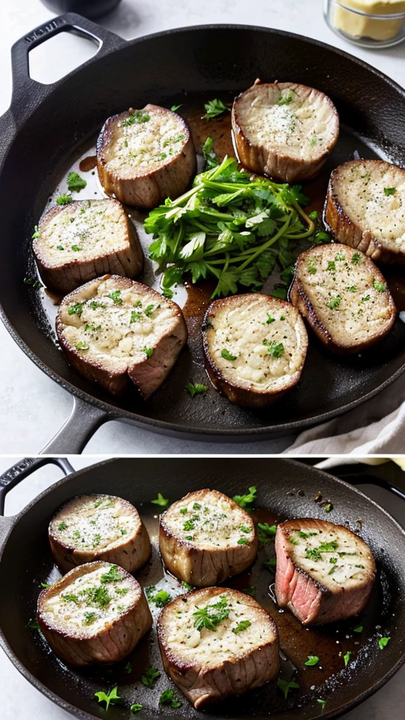 Garlic Butter Steak Bites
Ingredients:
- 1 lb sirloin steak, cut into bite-sized pieces
- 3 tbsp butter
- 4 cloves garlic, minced
- Salt and pepper to taste
- Fresh parsley, chopped (for garnish)
Instructions:
1. Season the steak bites with salt and pepper.
2. In a large skillet, heat 2 tbsp of butter over medium-high heat.
3. Add the steak bites and cook for 2-3 minutes on each side until browned.
4. Remove the steak from the skillet and set aside.
5. Add the remaining 1 tbsp of butter and garlic to the skillet, sauté for 1 minute.
6. Return the steak to the skillet and toss to coat with garlic butter.
7. Garnish with fresh parsley and serve.