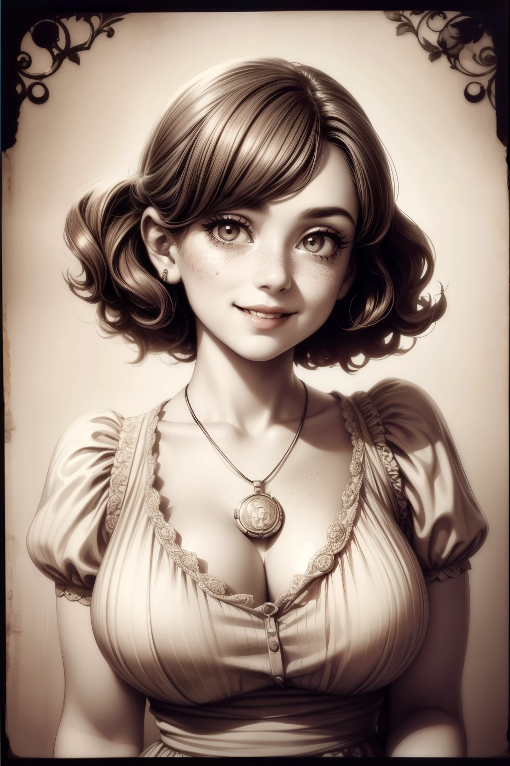 (masterpiece), best quality, expressive eyes, perfect face, Artwork, best quality, ultra-detailed, 1girl, short hair, 1930s vintage poster, monochrome dress, vintage color palette, curly hair, hand drawing art, dress with ruffles, smiling smile, freckles on face, cute smile, ((old photo effect)), large breasts, ((sepia effect)), breasts larger than head, ((portrait in a medallion)), ((locket)), ((pic in locket)), pov hands, ((portrait in round medallion)), photo of a woman in a locket, drawing concept design
