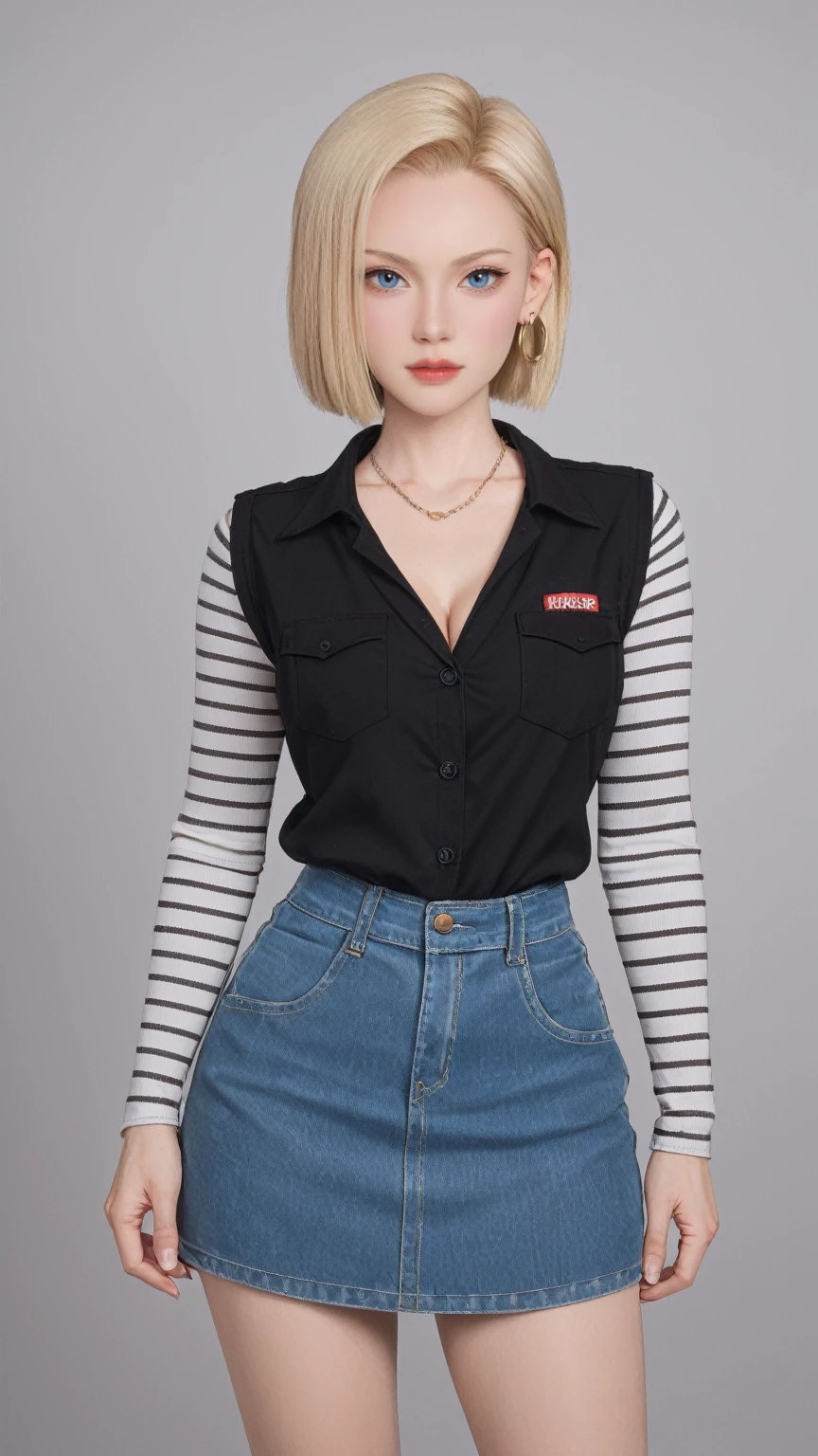 realistic,score_9, score_8_up, score_7_up, BREAK,
android 18, Blonde hair, blue eyes, eyeslashes, hoop earings, Short hair, earring
bring, black sock, Black shirt, breast pocket, cleavage, clavicle, denim, denim skirt, high waisted skirt, jewelry, Long sleeves, Pocket, shirt, shirt tucked in, Skirt, streaked, Striped sleeves, waistcoat,Correct hands,