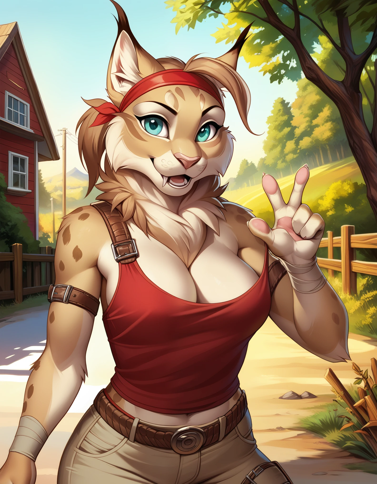 doubletroublexl, jade (kabscorner), 1girl, lynx, source_furry, realism, cowboy shot, belt across breasts, white and red shirt, headshot, upper body, face focus, solo, pulling on headband, female focus, happy, tan fur, red headband, short blond hair with fringe, white and red tank top, brown leather boob strap, thigh and arm straps, green outdoors background with trees and a wooden fence fence, clearing, road, building, detailed fur, score_9, score_8_up, score_7_up,