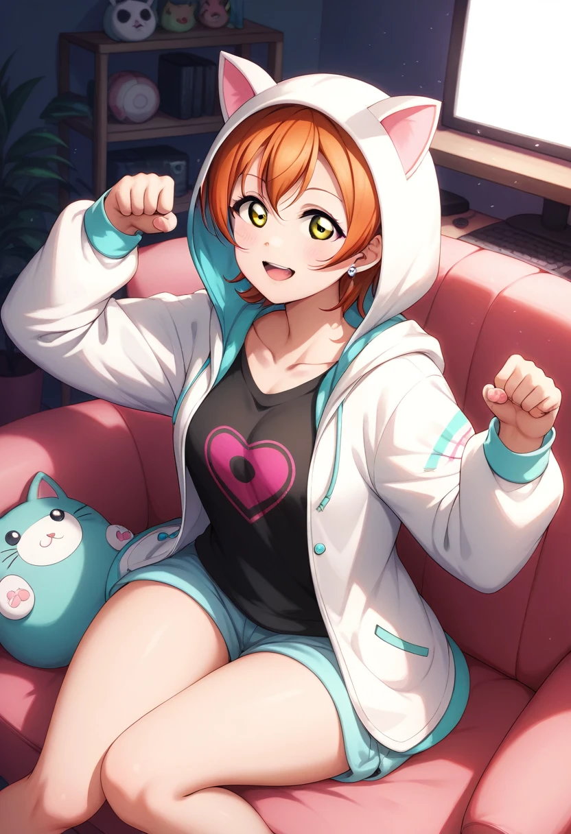 Masterpiece, sksrin, beautiful , facial details, 8k wallpaper, Rin Hoshizora Love Live, short hair, open hoodie, white hoodie,hood up,cat ears, thighs,gamer room, bottomless ,paw pose