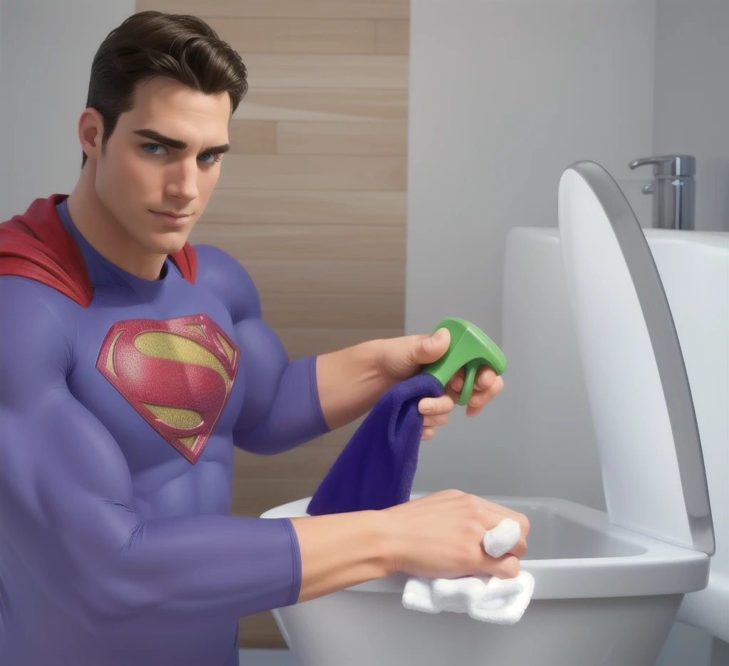 superman cleaning bathroom
